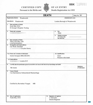 Download UK Births and deaths registry of Wandsworth death certificate Photoshop template